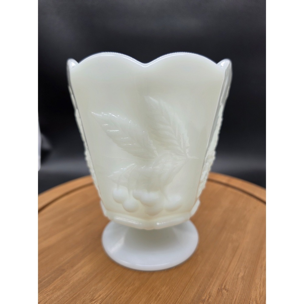 NAPCO # 1186 White Milk Glass Footed Vase Planter Embossed Grapes & Cherries‎